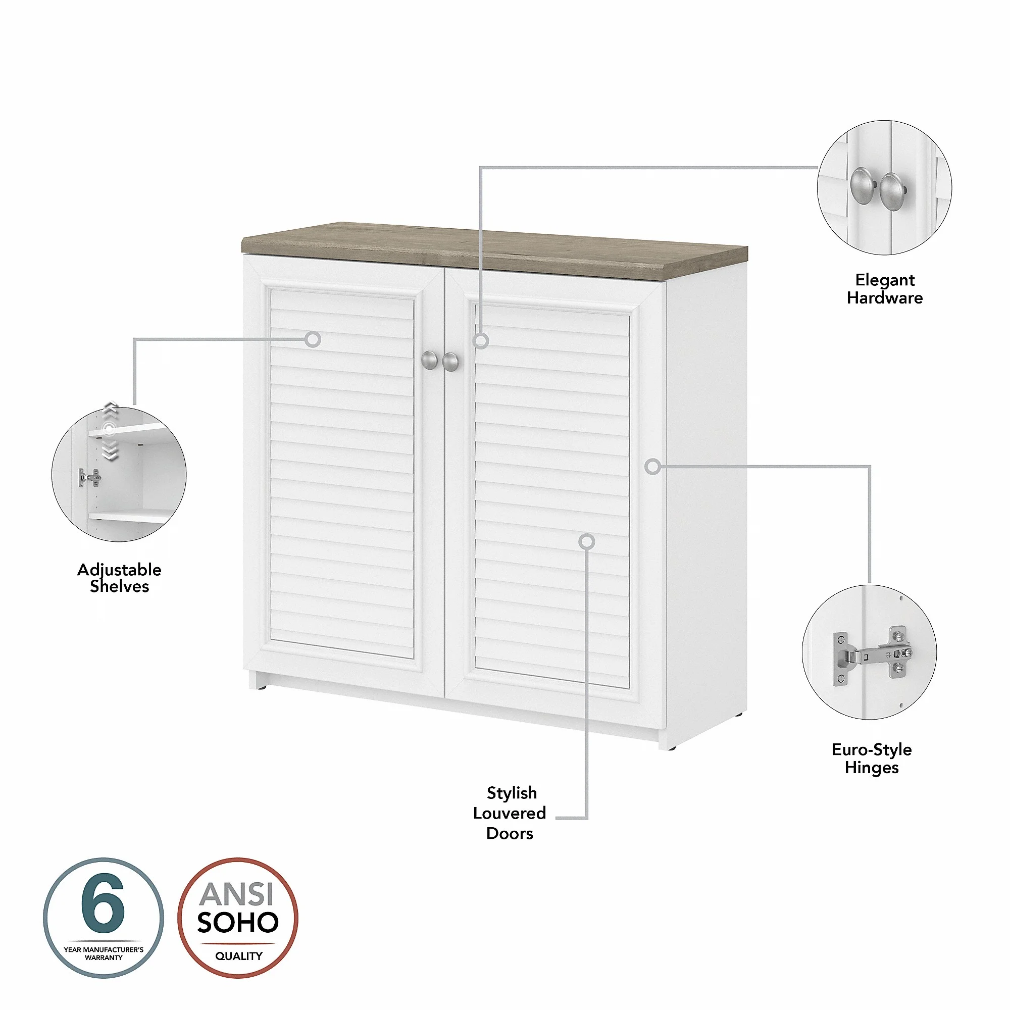 Bush Furniture Fairview Small Storage Cabinet with Doors in White & Gray
