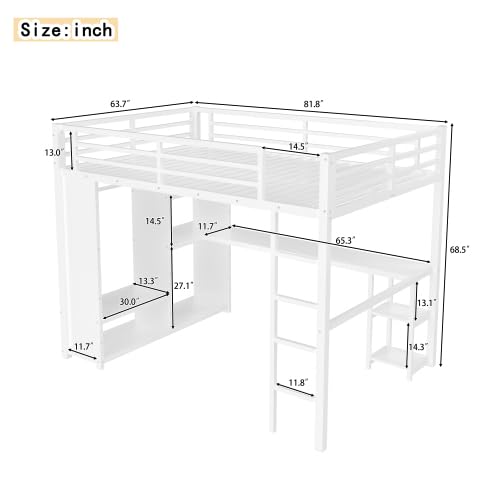 Metal Loft Bed with Wardrobe and L-Shaped Desk, Full Size Loft Bed with Storage Cubes and Shelves, Heavy Duty Loft Bed for Kids Teens, White