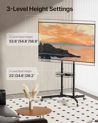 Heavy-Duty Rolling TV Stand for 32–85" Screens — Supports 187 lbs (154 lbs TV + 33 lbs Shelf), Stable Mobile TV Cart with Shelf & Locking Wheels