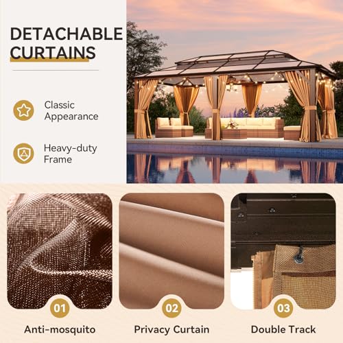 Aoxun 12'x16' Hardtop Gazebo, Aluminum Frame Permanent Pavilion with Netting and Curtains, Outdoor Polycarbonate Double Roof Canopy