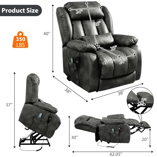 EDILLY Large Genuine Leather Power Lift Recliner Chairs for Elderly, Dual Motor with Massage and Heating,Double Lumbar Cushion and Extended Footrest