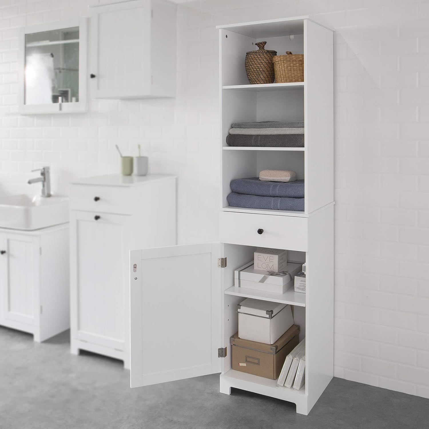 Haotian White Floor Standing Tall Bathroom Storage Cabinet with Shelves and Drawers,Linen Tower Bath Cabinet, Cabinet with Shelf,FRG236-W