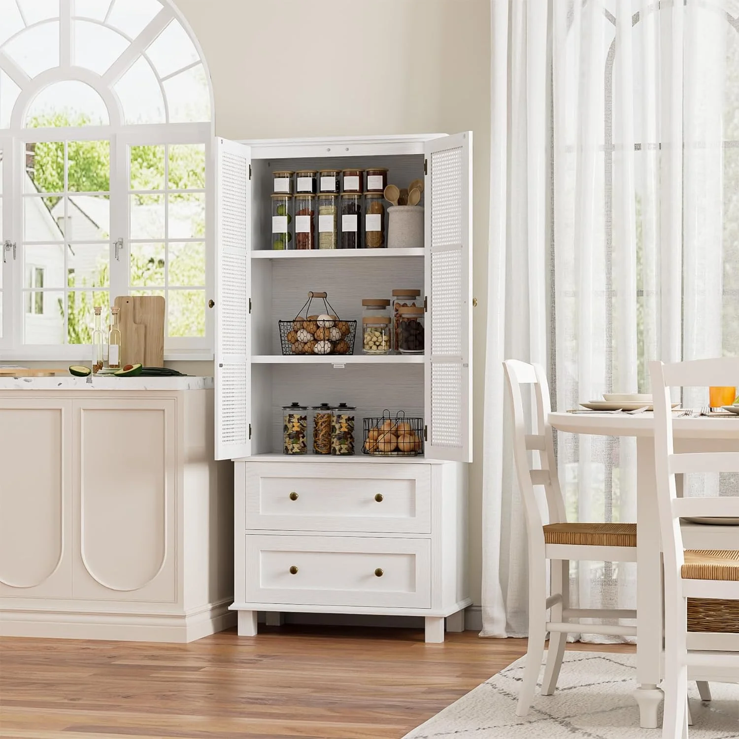 Kitchen Pantry Storage Cabinet, Tall Cabinet with Rattan Doors and 2 Drawers, Freestanding Cupboard with Adjustable Shelves