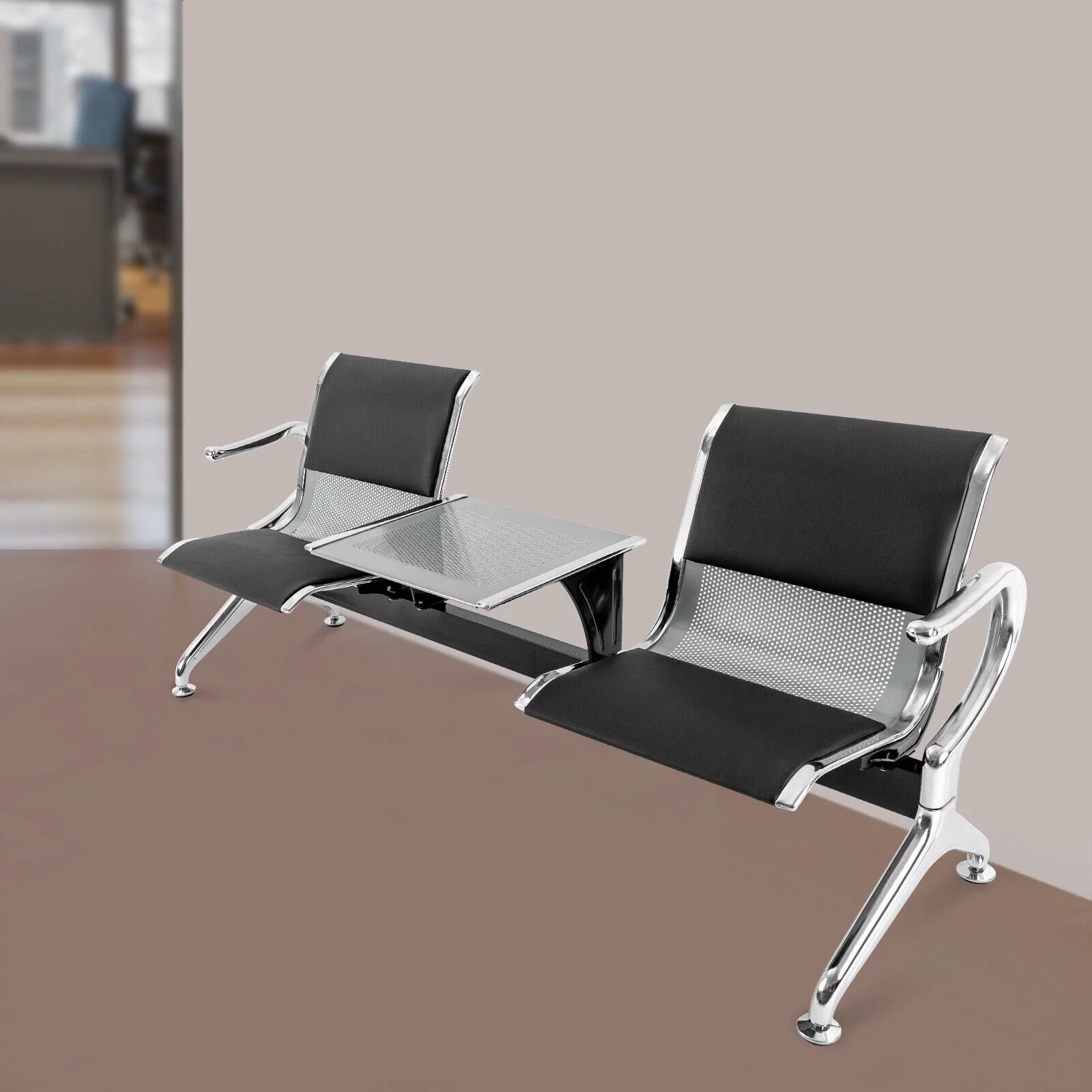 Miumaeov Airport Reception Chairs Waiting Room Chairs with Table and Arms 2 Seat PU Leather Reception Bench Waiting Area Bench Guest Reception Chairs