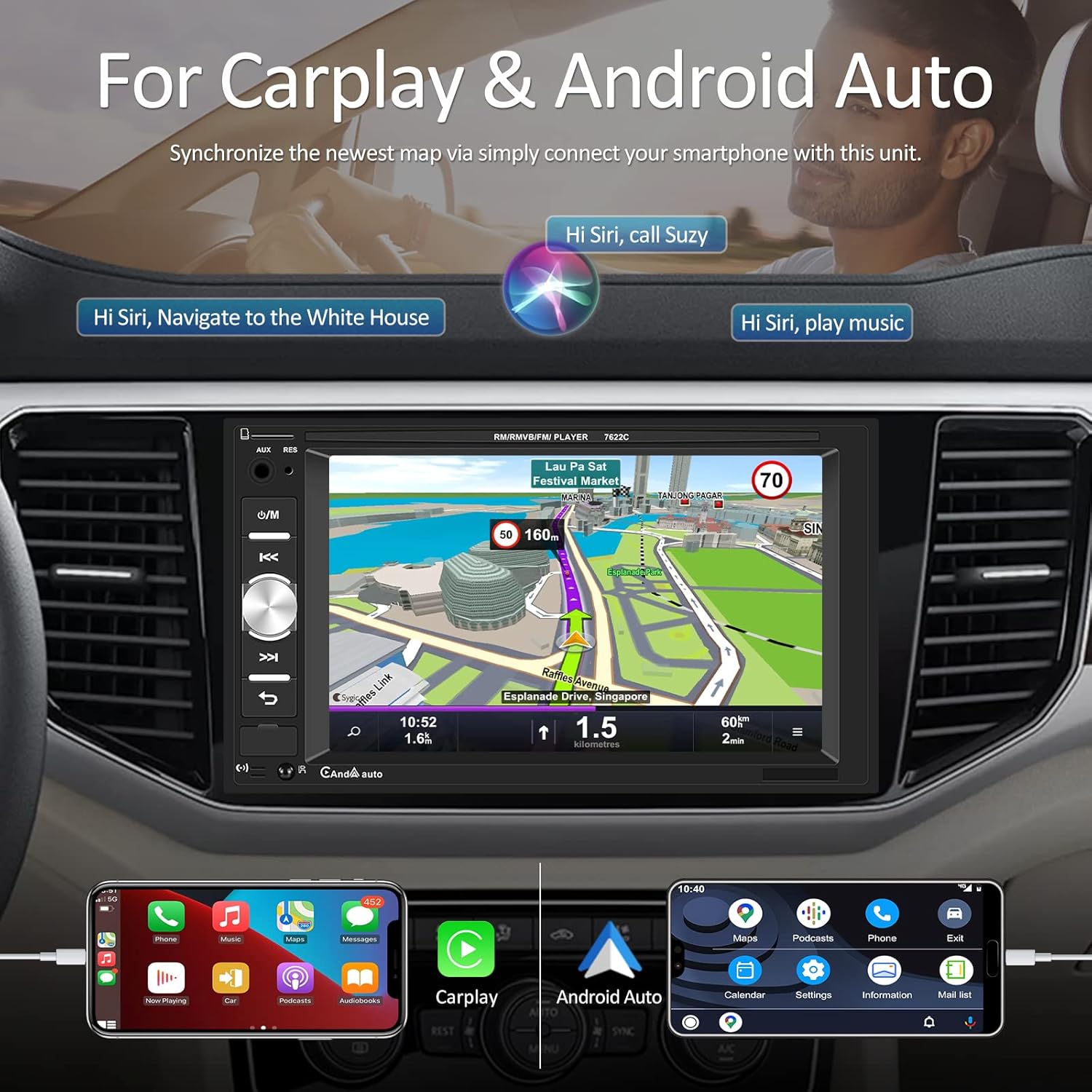 Double Din Car Stereo with Carplay/Android Auto 6.2&ldquo
