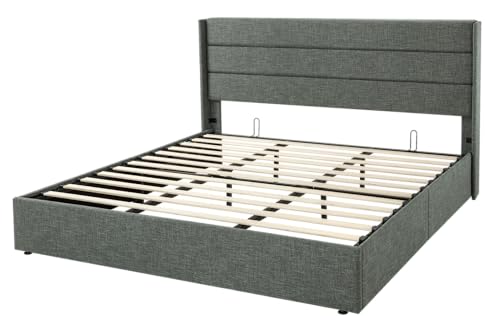 Allewie Full Size Lift Up Storage Bed, Modern Wingback Headboard, Hydraulic Support, No Box Spring Needed, Light Beige