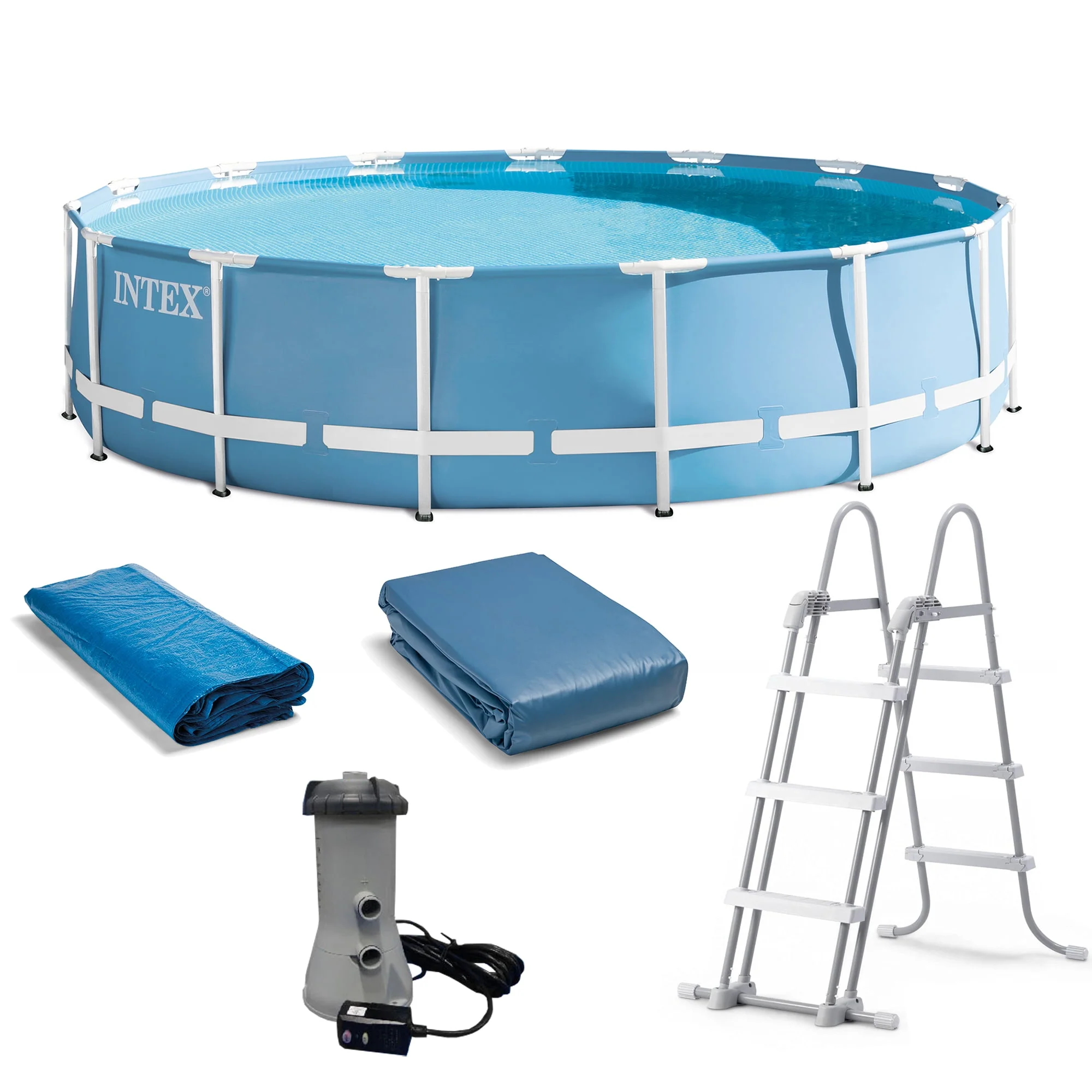 Intex 15 Feet x 48 Inches Prism Frame Swimming Pool Set w/ Ladder, Cover, & Pump