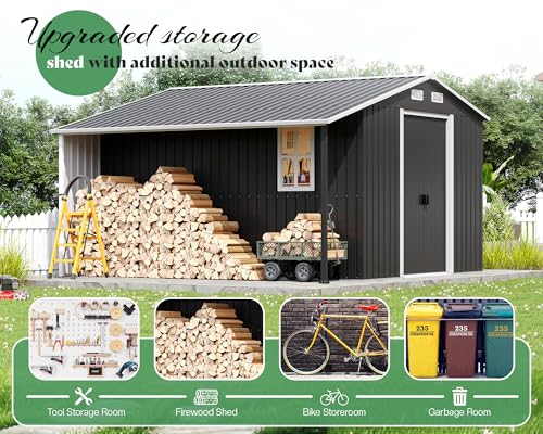 Jocisland 10.6x10.3x6.3 FT Outdoor Storage Shed with Sliding Doors & Two 4-Pane Windows, Open Outdoor Shed for Wood Storage, Dark Grey/White