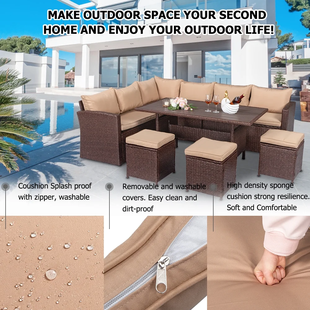 Zimtown 8PCS Wicker Rattan Couch Conversation Set Brown, Patio Dining Set, Rattan Furniture, Module Sofa Set for Garden, Yard