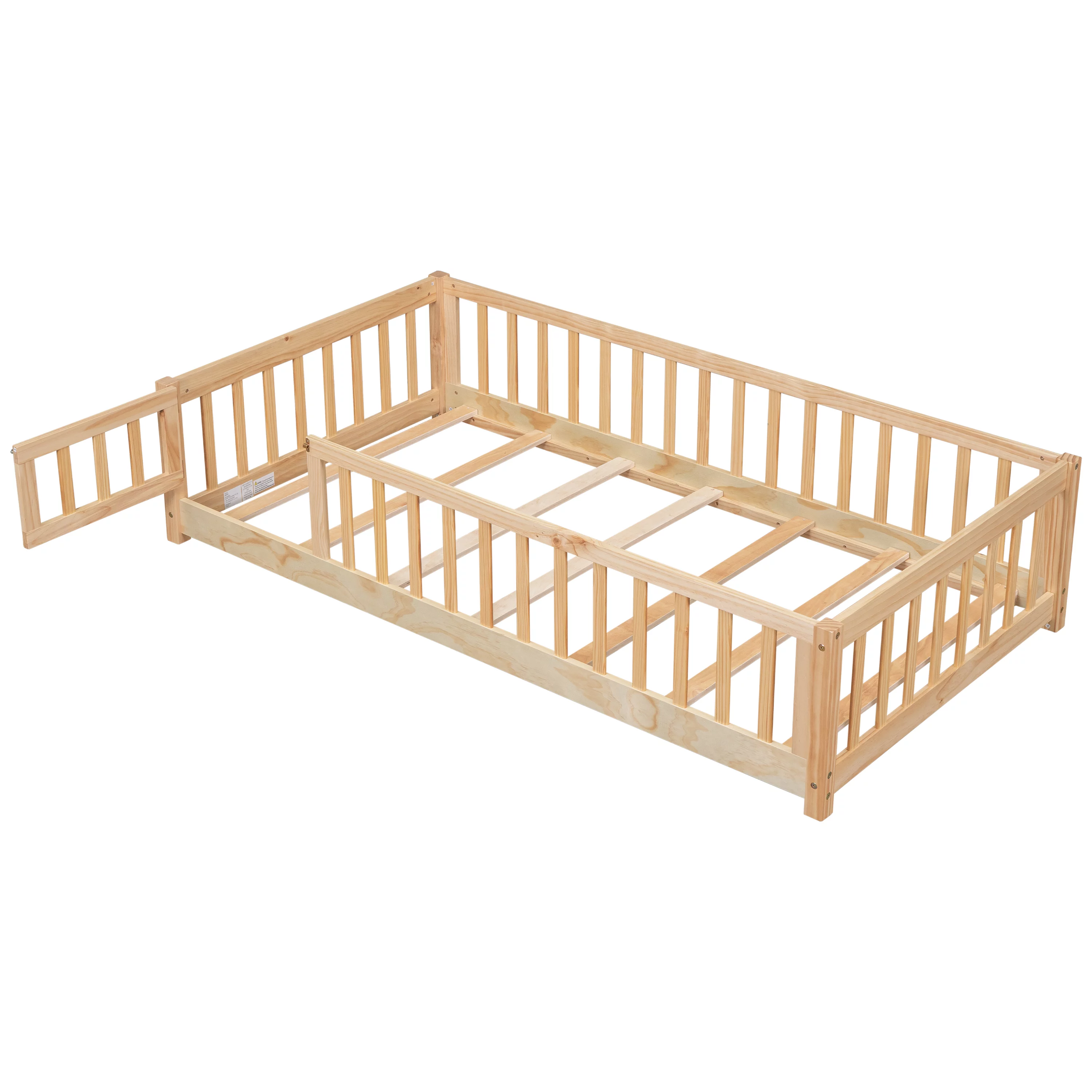 PAPROOS Twin Floor Bed Frame for Toddler, Wood Platform Bed with Wooden Slats, Fence and Door