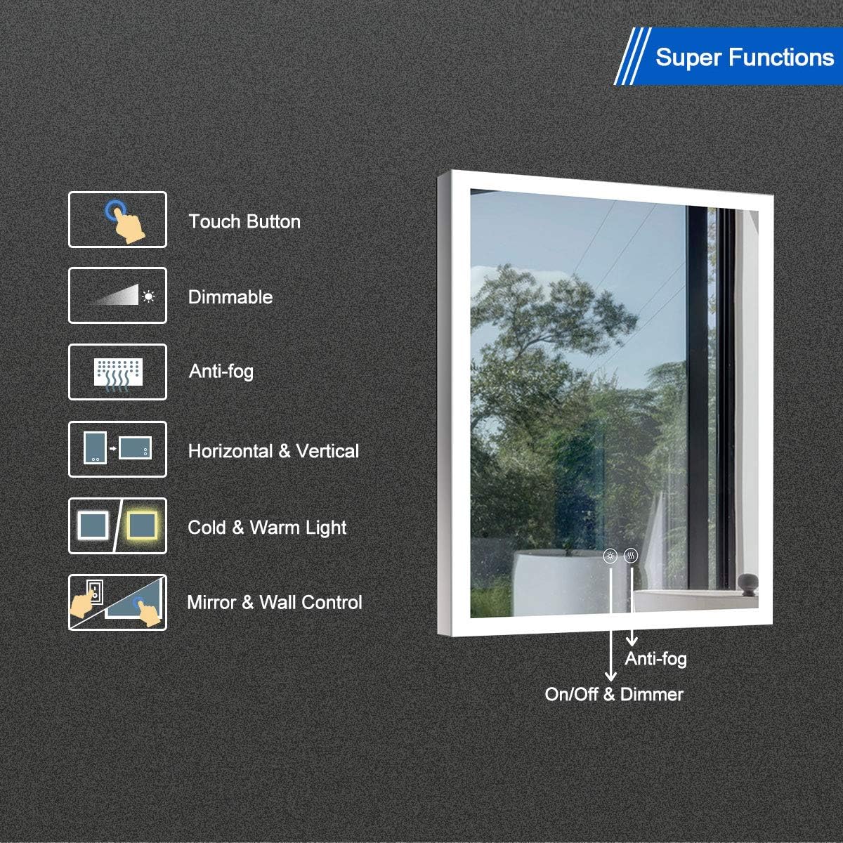 Dimmable LED Bathroom Mirror with Anti-Fog Function, 36x28 in Vertical & Horizontal Mount Illuminated Mirror with Touch Button, CRI>90