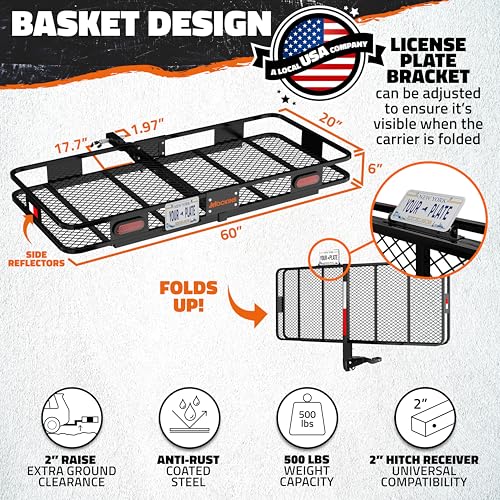 Mockins 16 Cubic Ft. Orange Cargo Carrier Bag & 60"x20"x6" Folding Trailer Hitch Cargo Carrier w/Rear Lights Bundle