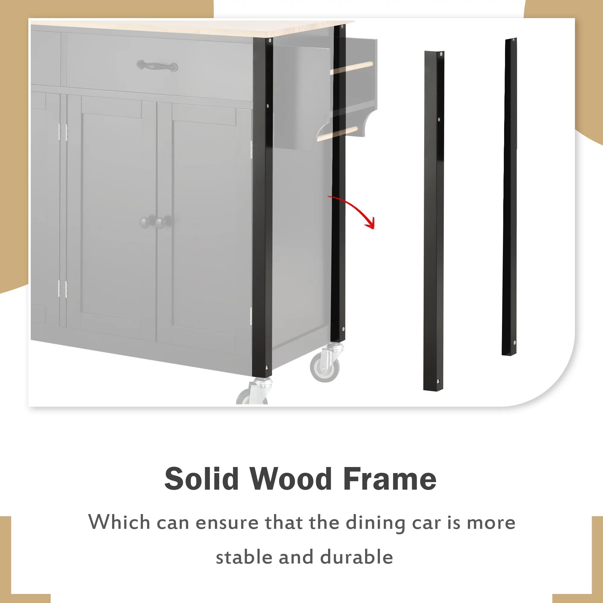 Movable Kitchen Island Cart, Storage Cart with 4-Door Cabinets and 2 Drawers, Modern Wood Kitchen Storage Cart with 2 Lockable Wheels