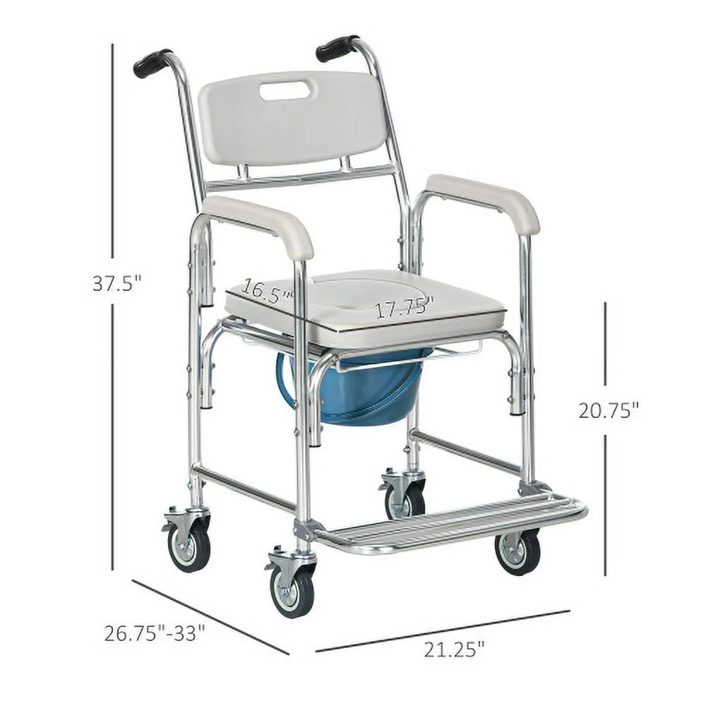 HOMCOM 3-in-1 Shower Commode Wheelchair, Transport Beside Commode Chair