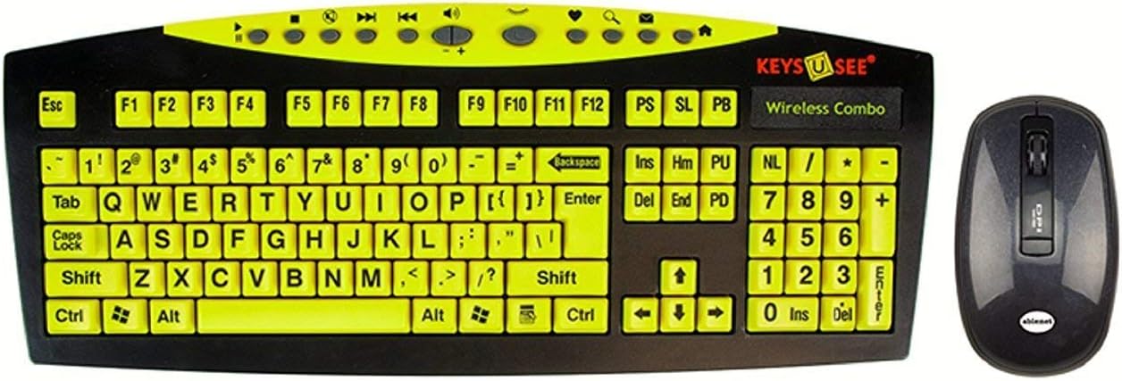 AbleNet Keys-U-See Large Print English USB Keyboard with Wireless Mouse Bundle (USB Receiver Stored Inside Mouse Battery Compartment)