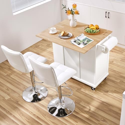 Yaheetech Rolling Kitchen Island Cart with Drop Leaf, Portable Rubberwood Breakfast Bar with Storage Cabinet, Open Shelves & Detachable Towel