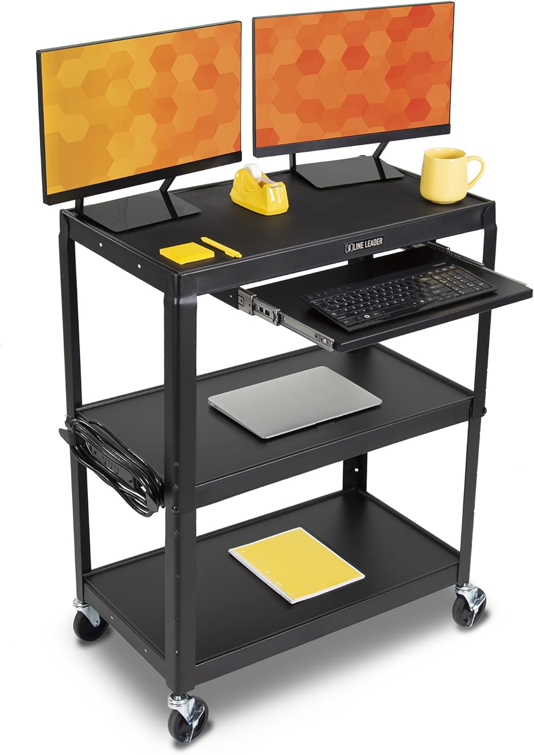 Line Leader Large AV Cart with Retractable Keyboard Tray | Height Adjustable Utility Cart | Includes Pullout Keyboard Tray & Cord Management | Easy