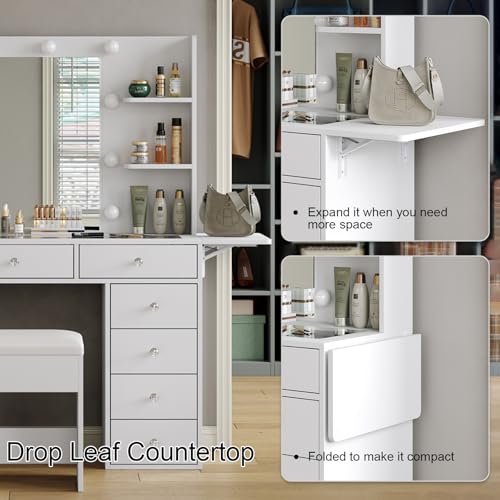 55" W Vanity Desk, Makeup Vanity with Charging Station, 15 Drawers with Lighted Mirror, 3 Lighting Modes, Brightness Adjustable, Glass Top