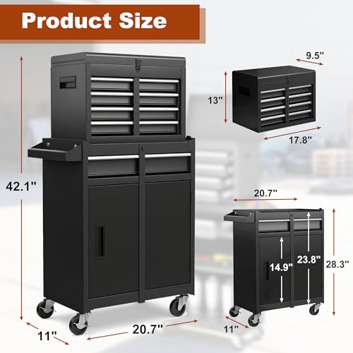 Rolling Tool Chest 5 Drawers Tool Box Garage Storage Cabinet Steel Frame 2 in 1 Tool Cart with Universal Lockable Wheels