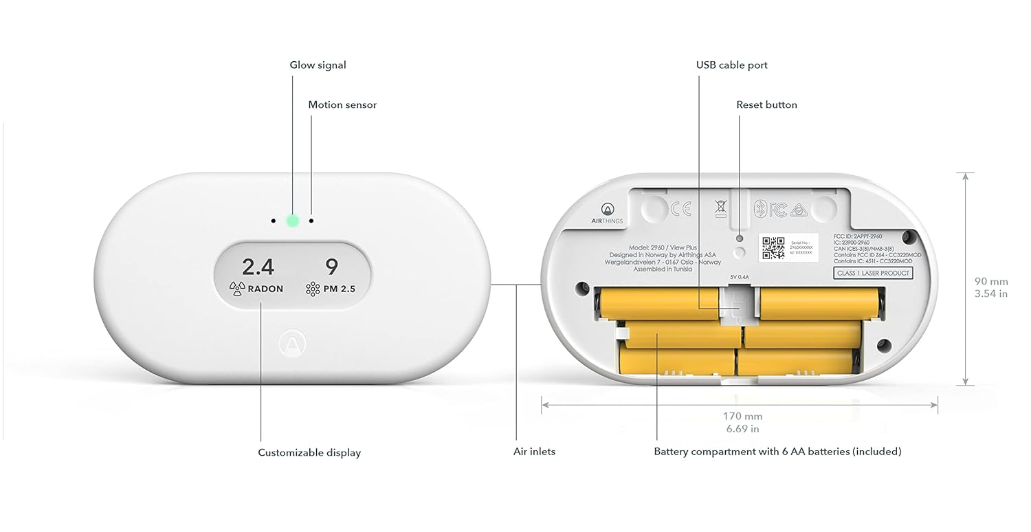 Airthings 2960 View Plus - Battery Powered Radon & Air Quality Monitor (PM, CO2, VOC, Humidity, Temp, Pressure)