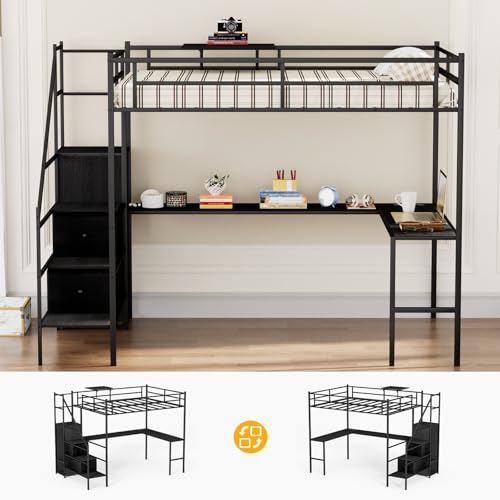 Full Size Loft Bed with L-Shaped Desk, LED Lights and Charging Station, Full Size Loft Bed with Stairs, Wardrobe and 2 Storage Drawers(Black Full)