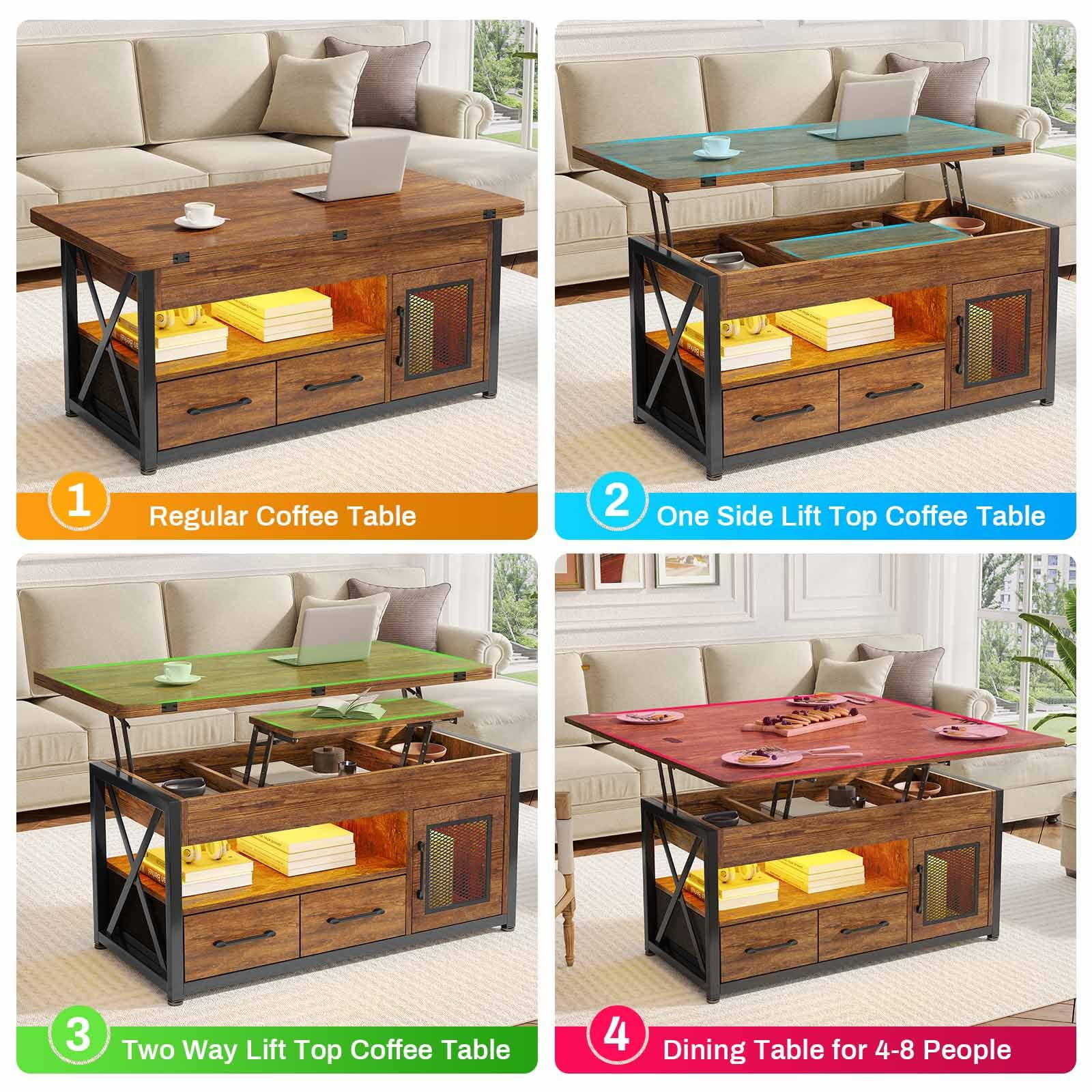 Afuhokles 40" Lift Top Coffee Table, 4 in 1 Coffee Tables with Storage Cabinet for Living Room, 2 Fabric Drawers and LED Light, Rustic Brown