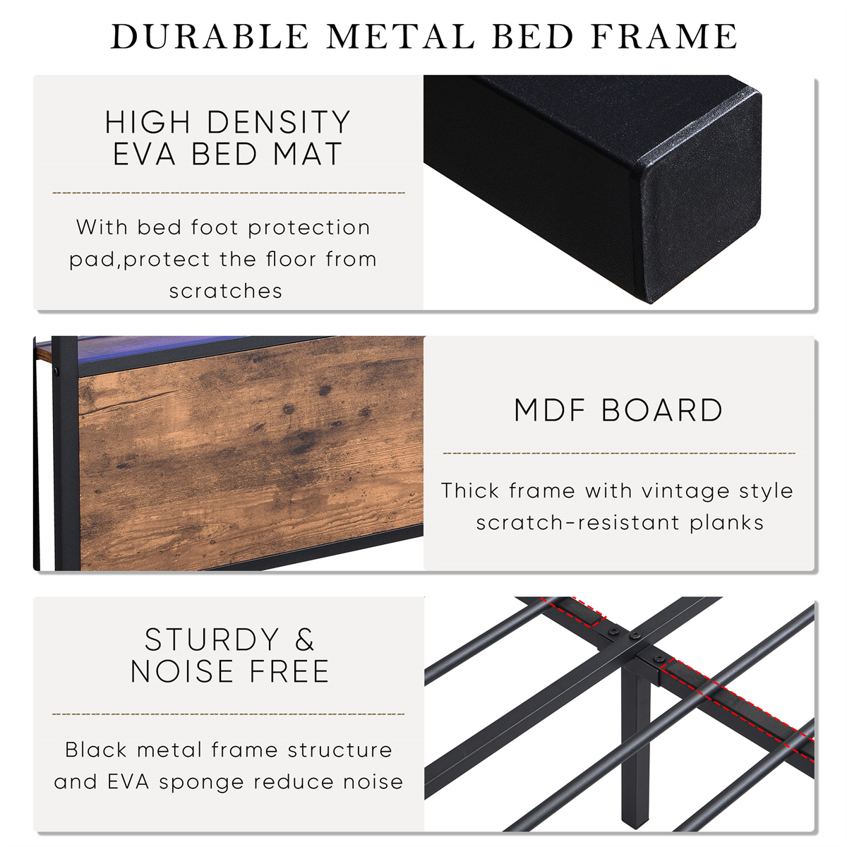 Queen Size Bed Frame with Storage Headboard and 2 Drawers, LED Lights Bed with Charging Station, Metal Platform Bed No Noise