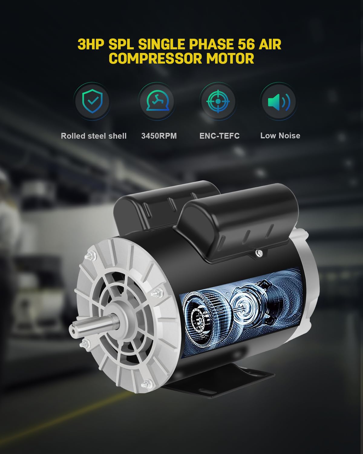 3 HP SPL Air Compressor Motor, 3450 RPM Electric Motor, 115/230V, 18/9A Single Phase, 56 Frame 5/8" Keyed Shaft, Commercial-Duty CCW Rotation