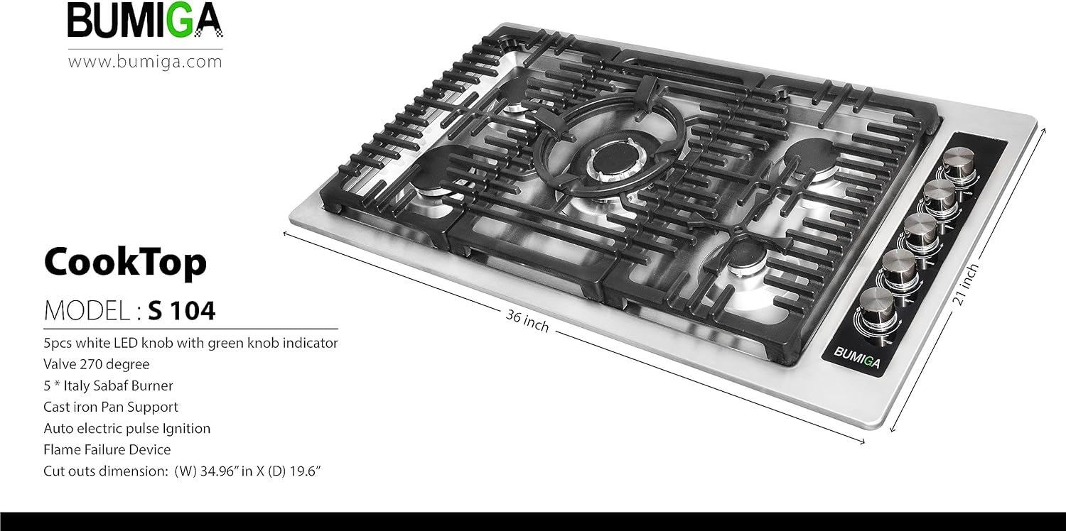 36 In Gas Cooktop Stainless Steel White LED knobs, 270 degree valve, Pot rack, 5 Italy SABAF Sealed Burners counter-Top Cooker, Cast Iron Grate