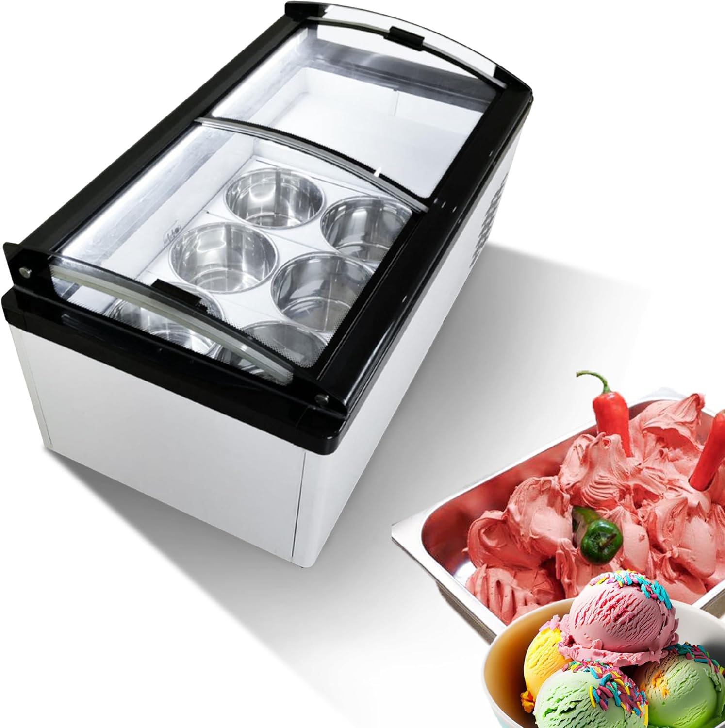 Wixkix Commercial Gelato Display Freezer, Countertop Hard Ice Cream Showcase with 6 Round Pan