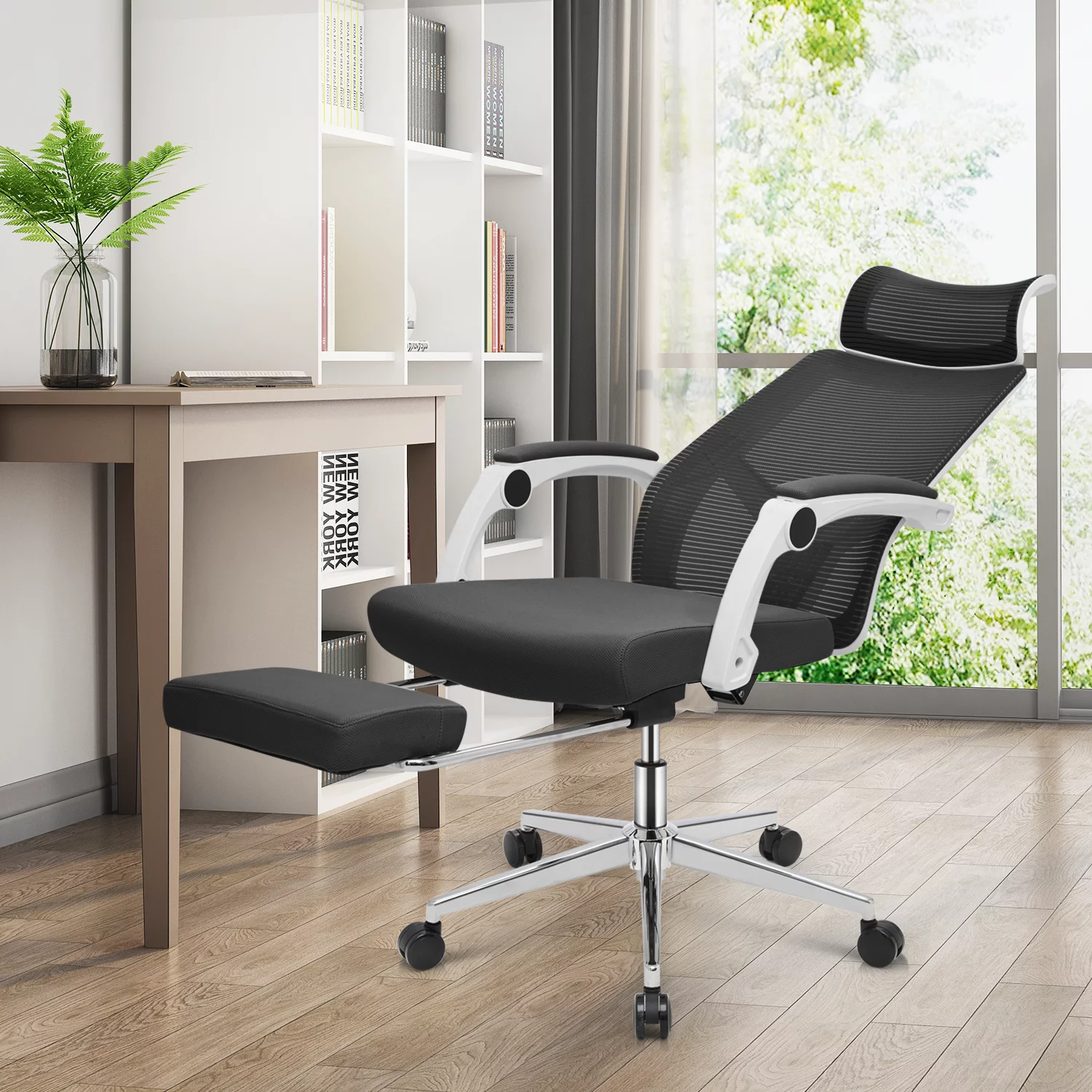 MoNiBloom Adjustable Office Executive Chair, Ergonomic High Back Mesh Swivel Seat with Headrest & Footrest for Office, Black