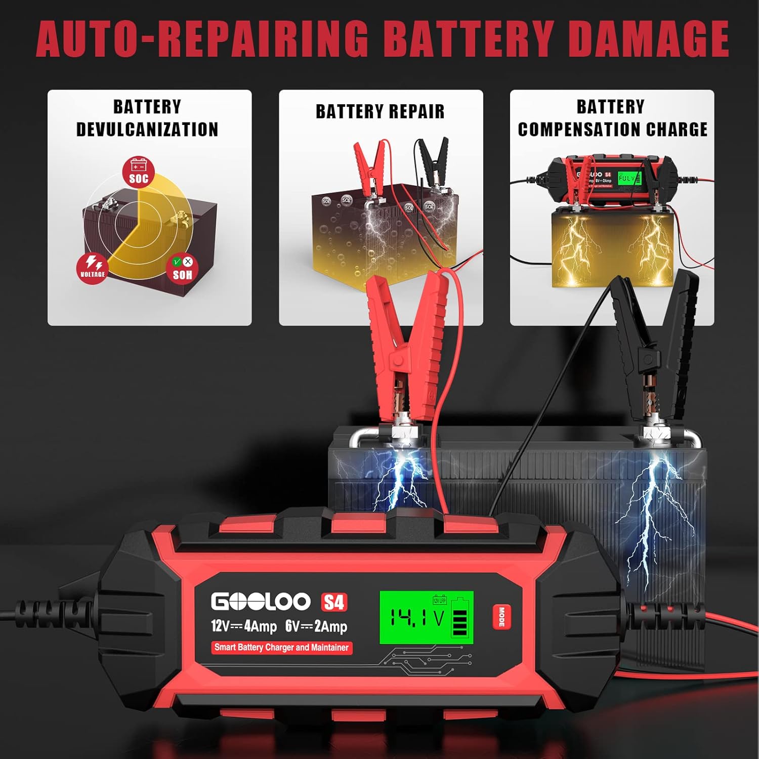 GOOLOO 4-Amp Car Battery Charger Automotive, 6V and 12V Battery Charger Maintainer, Trickle Charger, Supersafe Smart 12 Volt Automatic Float Charger