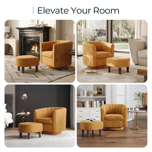 LINSY Swivel Accent Chair Ottoman Set: Velvet Small Barrel Chair with Foot Rest