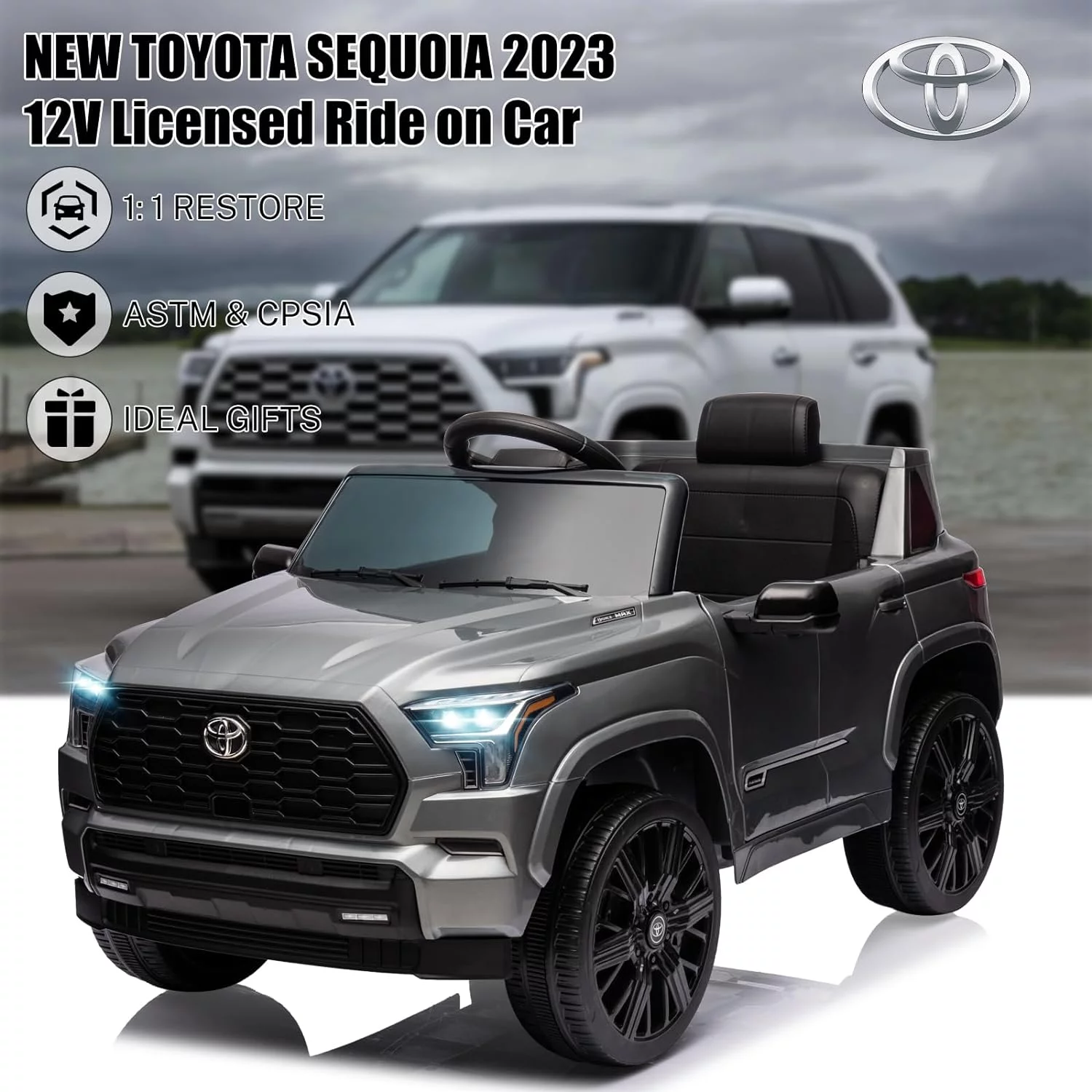 Toyota Sequoia Pickup 12V 7A Ride-On Cars with Remote Control, Battery Powered Ride-On Toys for Kids w/LED Light, 3 Speeds, Music, Horn, Bluetooth