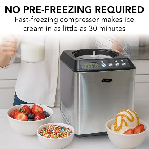 Whynter Ice Cream Maker Machine Automatic 2.1 Qt. Upright with Built-In Compressor, LCD Digital Display & Timer, No Pre-Freezing, ICM-201SB