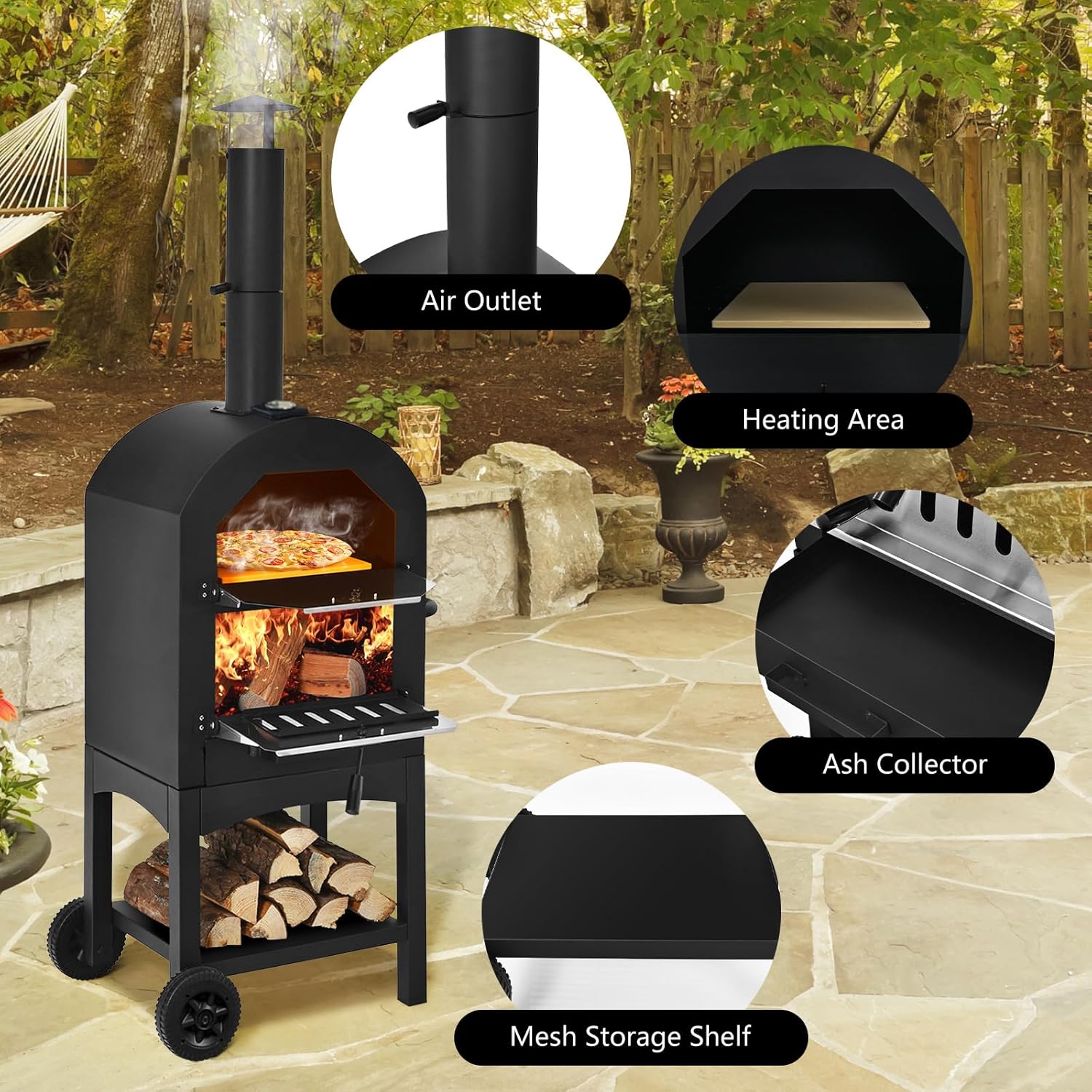 COSTWAY Outdoor Pizza Oven, Wood Fired Pizza Oven for Outside, Patio Pizza Grill with Pizza Stone, Pizza Peel