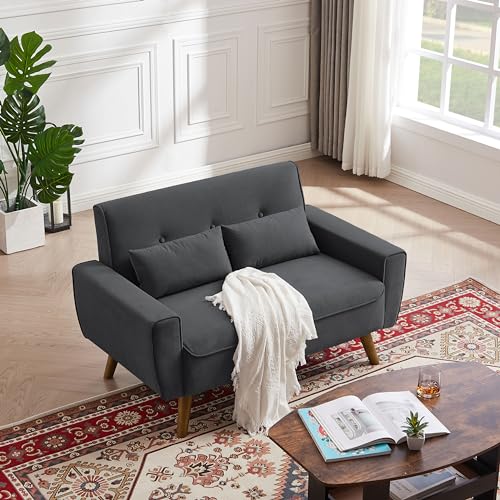 48.8" Small Loveseat Sofa, Mid Century Modern Love Seat Couch with Back Cushions and Wood Legs, 2 Seater Couches for Living Room, Bedroom