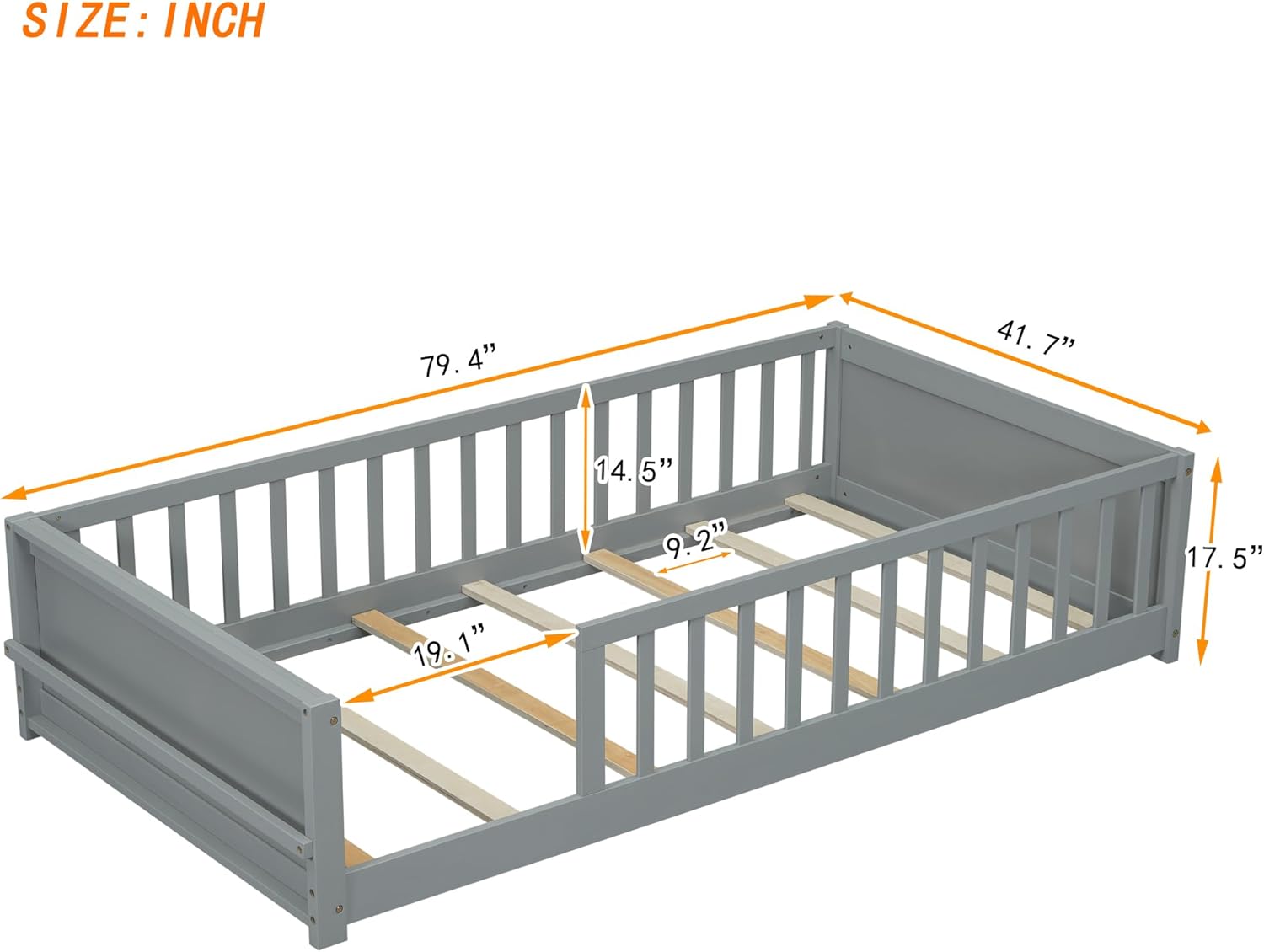 Montessori Floor Bed with Safety Guardrails and Slats, Twin Size Solid Pine Wood Floor Bed Frame, for Girls, Boys, Child Bedroom, Kids Playroom (Grey)