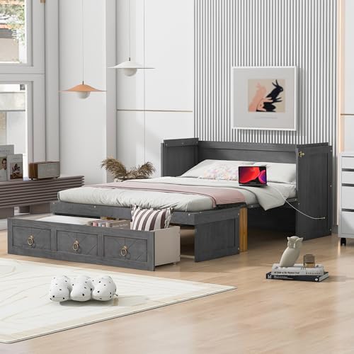 Harper & Bright Designs Full Size Murphy Bed Wall Bed, Solid Pine Murphy Bed Chest Cube Cabinet Bed with USB