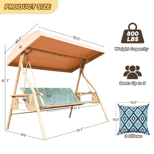3 Person Patio Swing Outdoor Swing for Adults with Adjustable Canopy &Upgraded Cup Holders Textilene Fabric Porch Swing Chair with Stand Heavy Duty