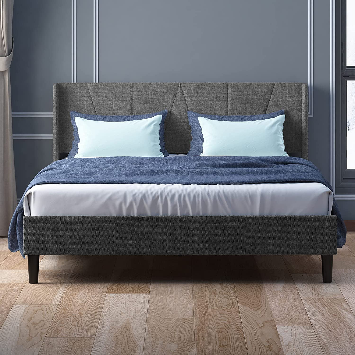sell well Mjkone Full Upholstered Wingback Platform Bed Frame with Modern Headboard/Mattress Foundation with Wood Slat Support No Box Spring