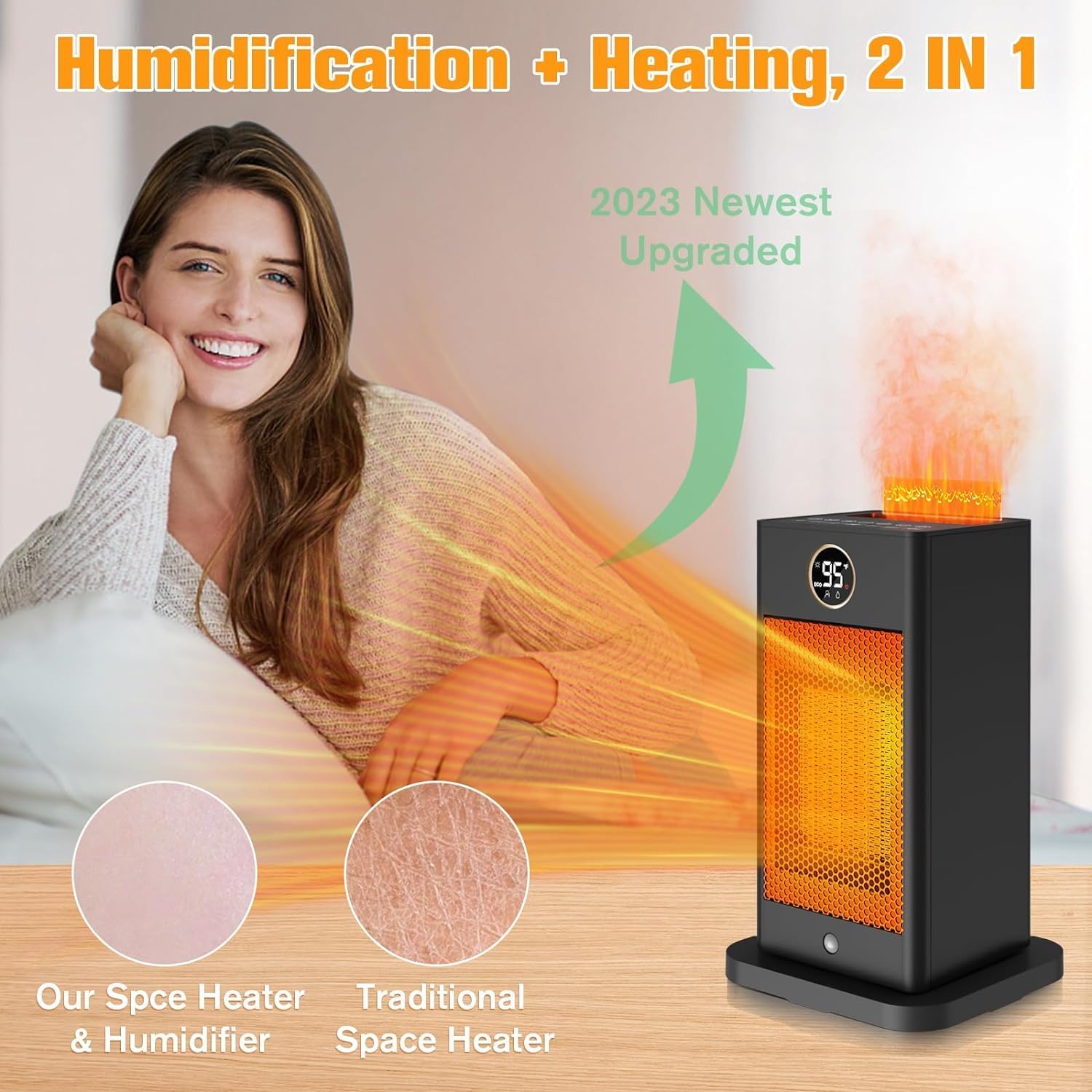 Space Heater,2023 Newest Upgraded Small Heaters for Indoor Use,PTC Portable Space Heater Office with Sensor,Humidifier,3D Flame Effect