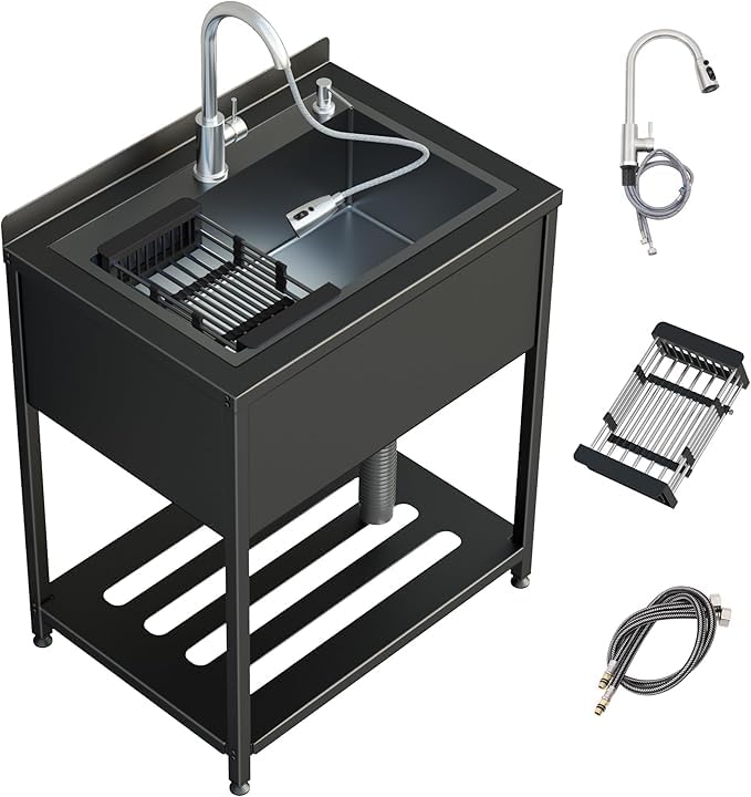 Stainless Steel Utility Sink, 36.6" × 24.2" × 36.6"Freestanding Sink with Cold and Hot Water Faucet,Hoses and Drain Kit for Kitchens, Bathrooms