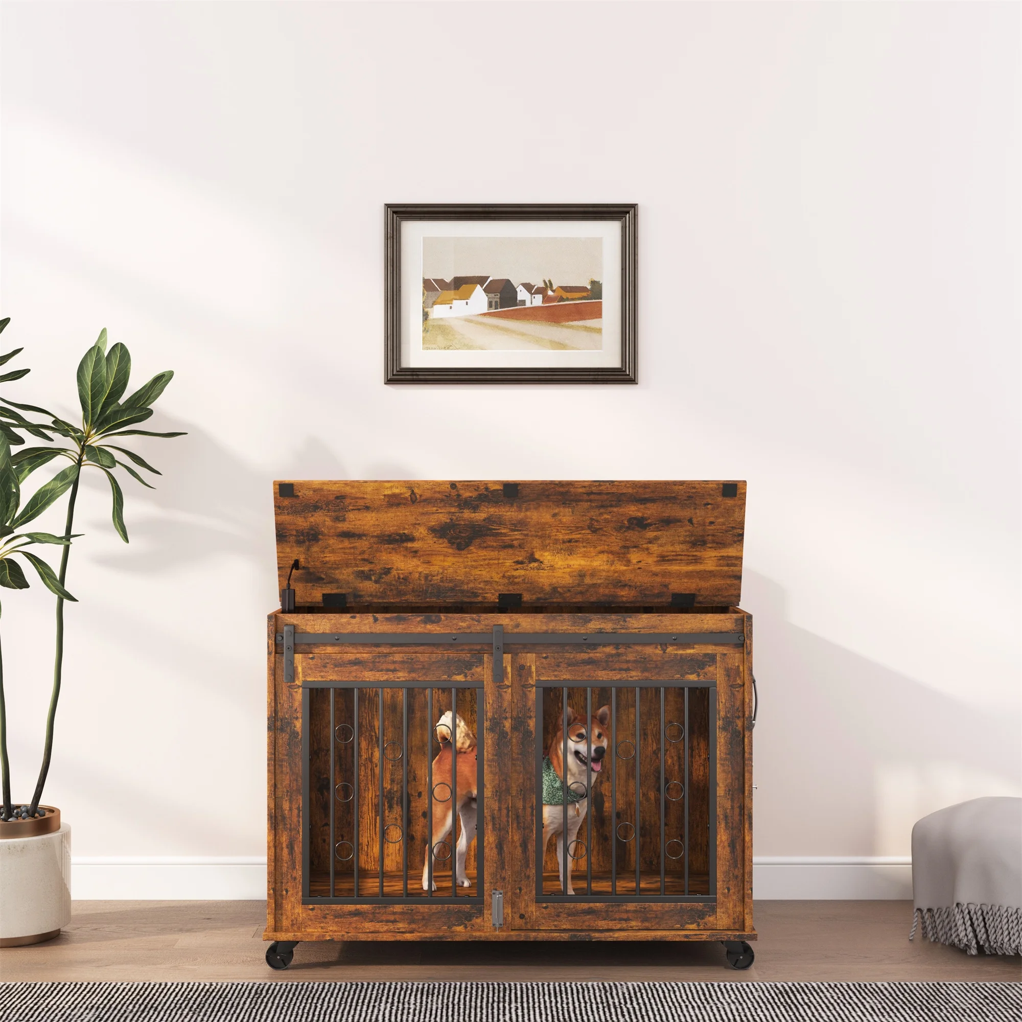 Ostreici 39" Anti-Bite Furniture Style Dog Crate Sliding Barn Door, Dog Kennel End Table w/ Wheels