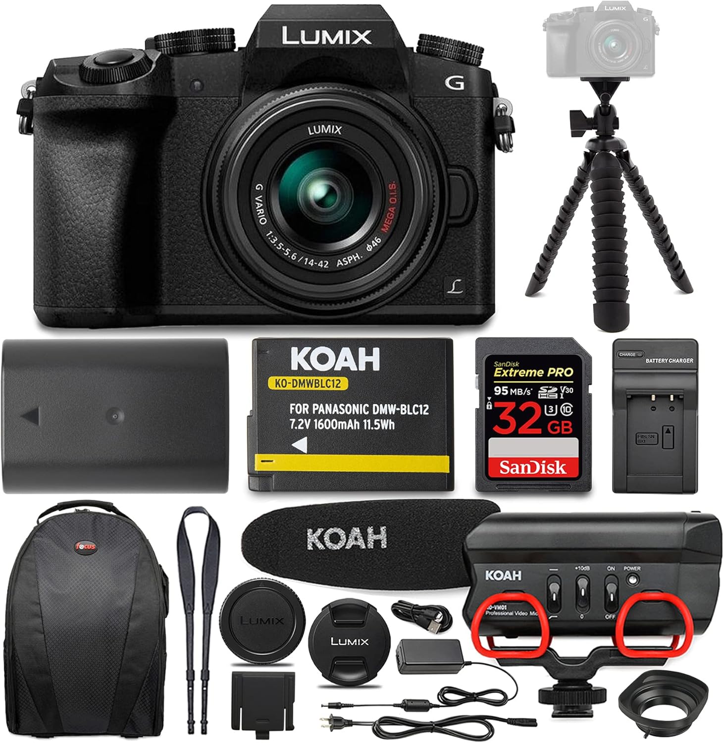 Panasonic LUMIX G7 Digital Camera with 14-42mm f/3.5-5.6 Lens and Koah Microphone Accessory Bundle (6 Items)
