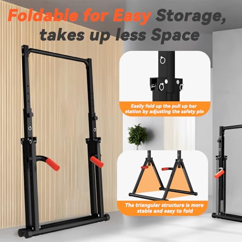 Power Tower Pull Up Dip Station Foldable, Pull Up Bar Station Adjustable, Multi-Function Home Gym, Strength Training Fitness Equipment