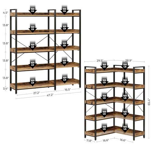 Rolanstar Bookshelf 5 Tier with 4 Hooks, Reversible Corner Bookshelf
