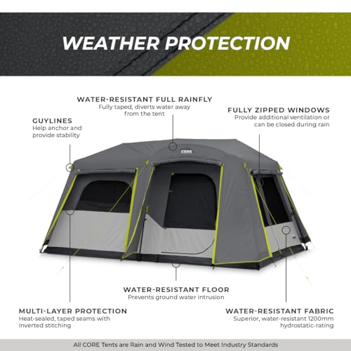 CORE Instant Cabin Tents | 6 Person / 9 Person / 10 Person / 12 Person Family Cabin Multi Room Pop Up Tents Car Camping | Included Storage Pockets