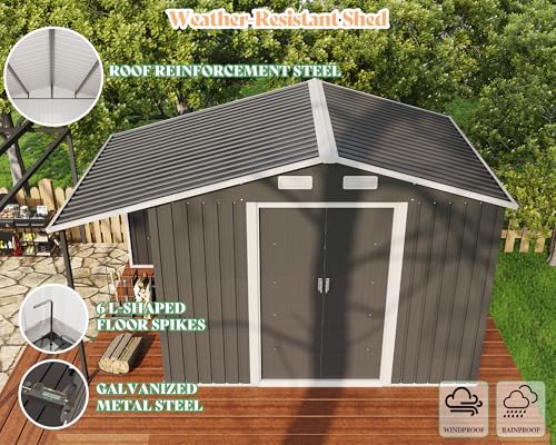 AMERLIFE 10.6x10.3x6.3 FT Metal Storage Shed with Sliding Doors Two 4-Pane Windows, Open Outdoor Shed for Wood Storage, Dark Grey/White