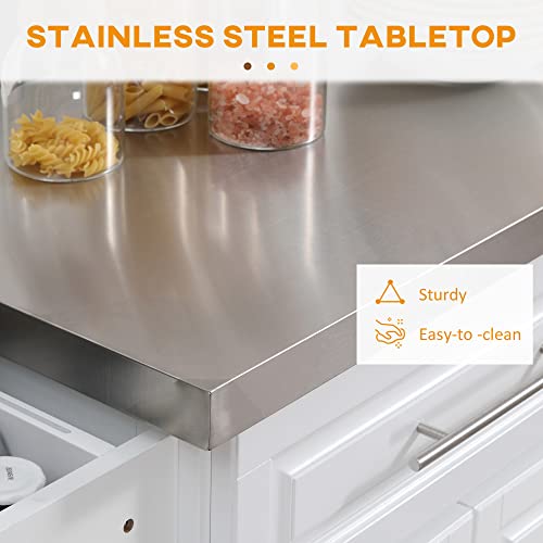 HOMCOM Rolling Kitchen Island Cart with Wheels, Portable Island Table for Kitchen with Stainless Steel Top, Adjustable Shelves, 2 Drawers, Spice
